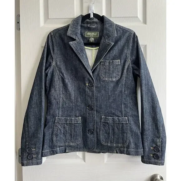 EDDIE BAUER Women's Y2K-Style Dark Denim Fitted Stretch Jean Jacket Sz M Tall - Picture 2 of 12